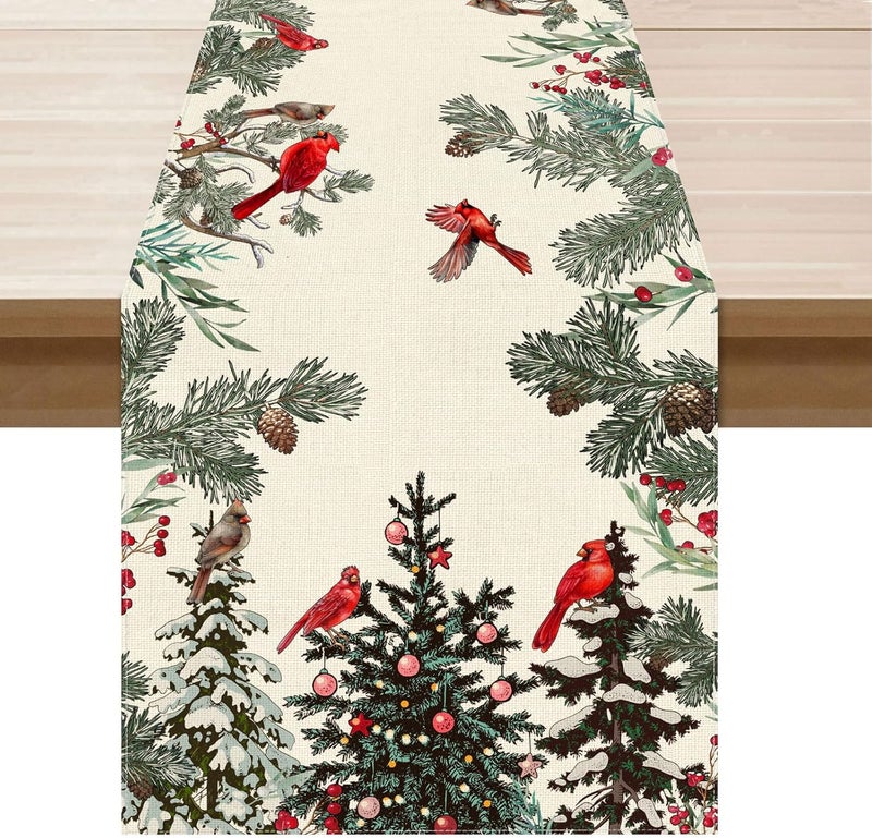 XCHI Cardinal Birds Winter Pine Tree Christmas Xmas Table Runner Table Decoration for Home Kitchen Dining Holiday Decor 13x108 Inch - Image 1
